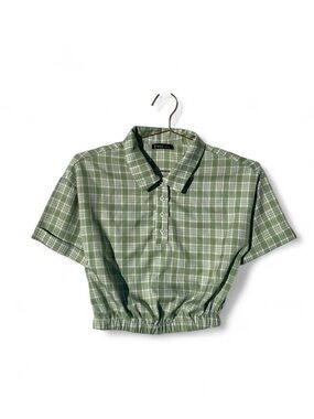 Vintage Y2K Sage Green Plaid Crop Polo Top Grunge Preppy Cottagecore